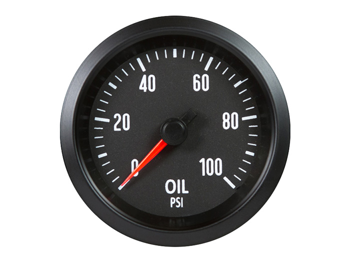 The Marshall Instruments oil pressure gauge in black.