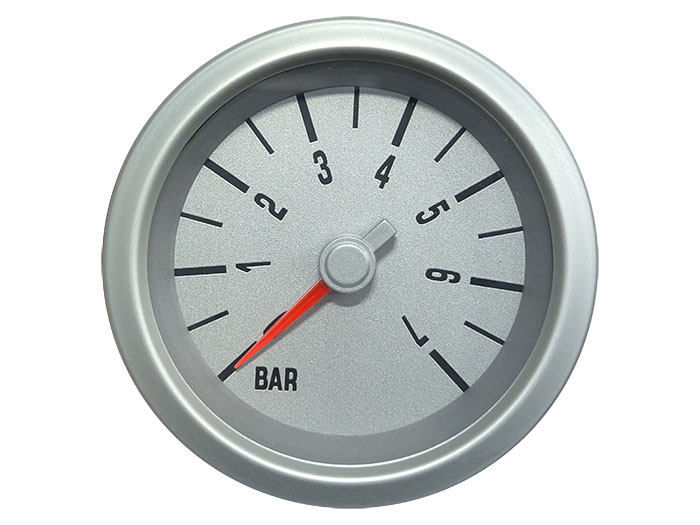 The Marshall Instruments oil pressure gauge (metric version) in silver.