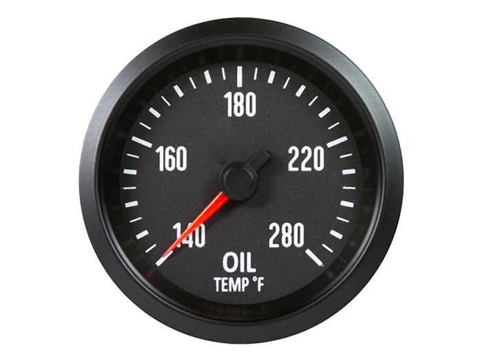 The Marshall Instruments oil temperature gauge in black.